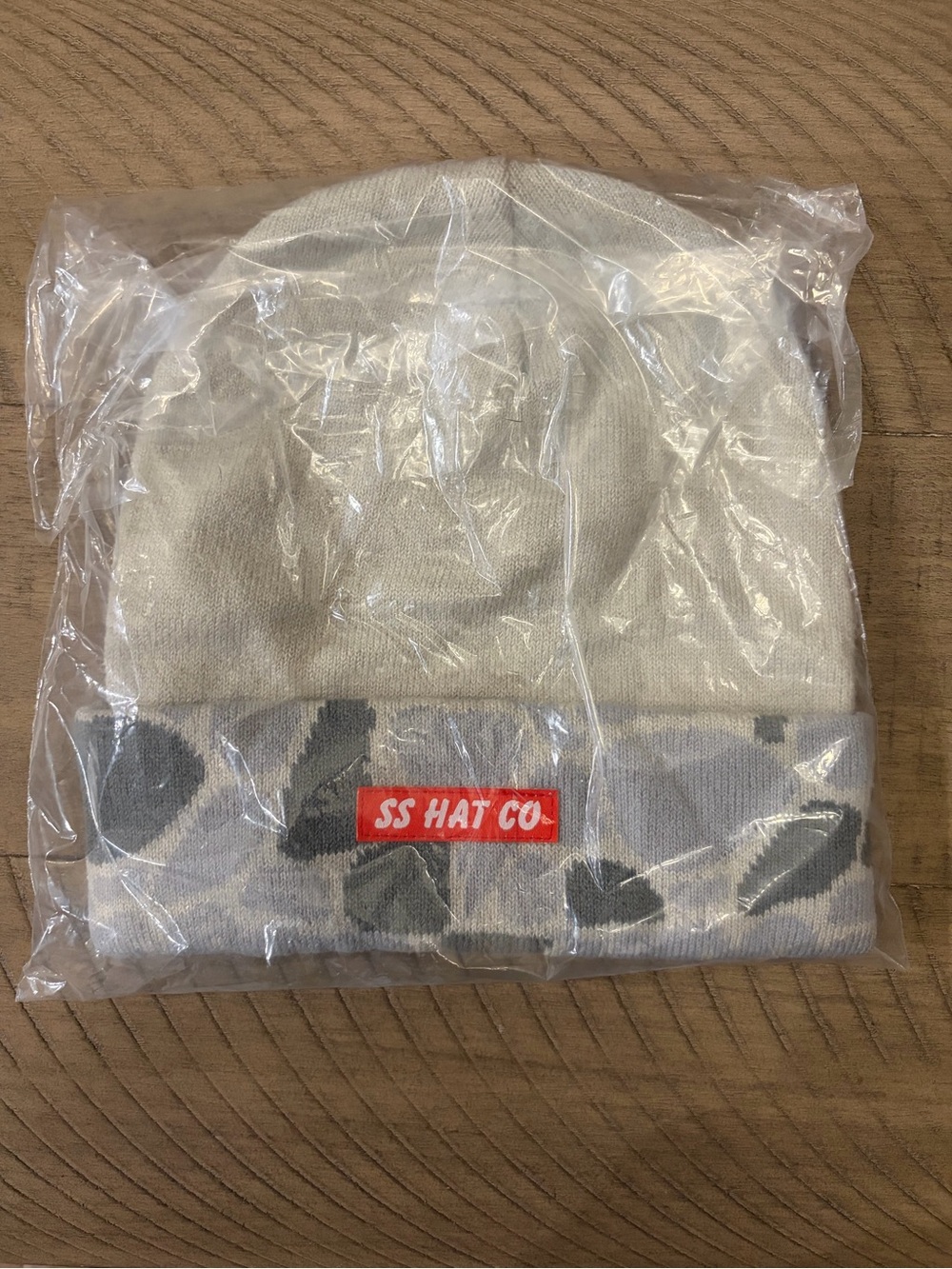 SS HAT CO. Cream Knit Beanie with Gray Camo Cuff
